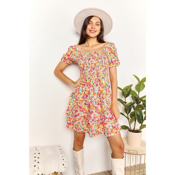 Double Take Smocked Sweetheart Neck Flounce Sleeve Mini Dress - Picture 1 of 13